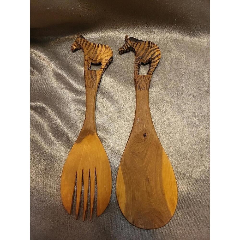 Wooden African Zebra  Spoon And Fork Salad Set